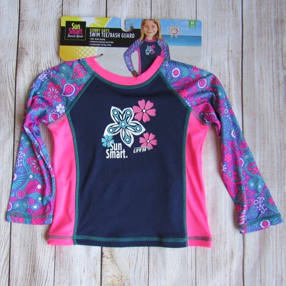 Soft  Pink Blue Floral Long-Sleeve Rashguard